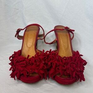 Chie Mihara AMANO-D vintage heels- red suede fringe with B&W checkered heels!👠